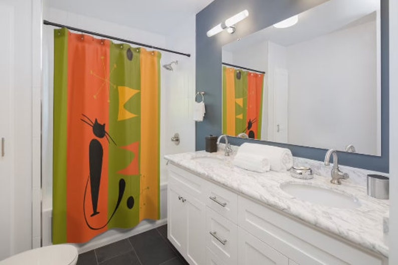 Atomic Cat Mcm Mid Century Modern Retro Shower Curtain - Green, Yellow, And Orange Atomic Age Design - Image 3