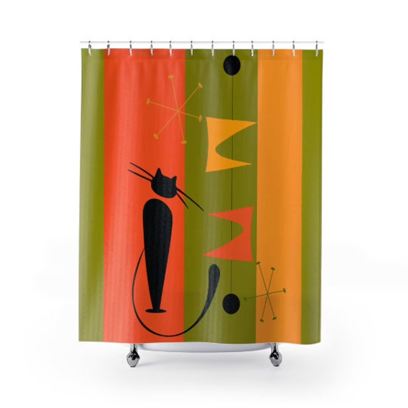 Atomic Cat Mcm Mid Century Modern Retro Shower Curtain - Green, Yellow, And Orange Atomic Age Design - Image 4