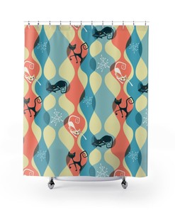 Atomic Cat, Pink, Cream, White, Abtstract Retro Mid Century Modern Curtains, 50's Black Cat Lovers Shower Curtains