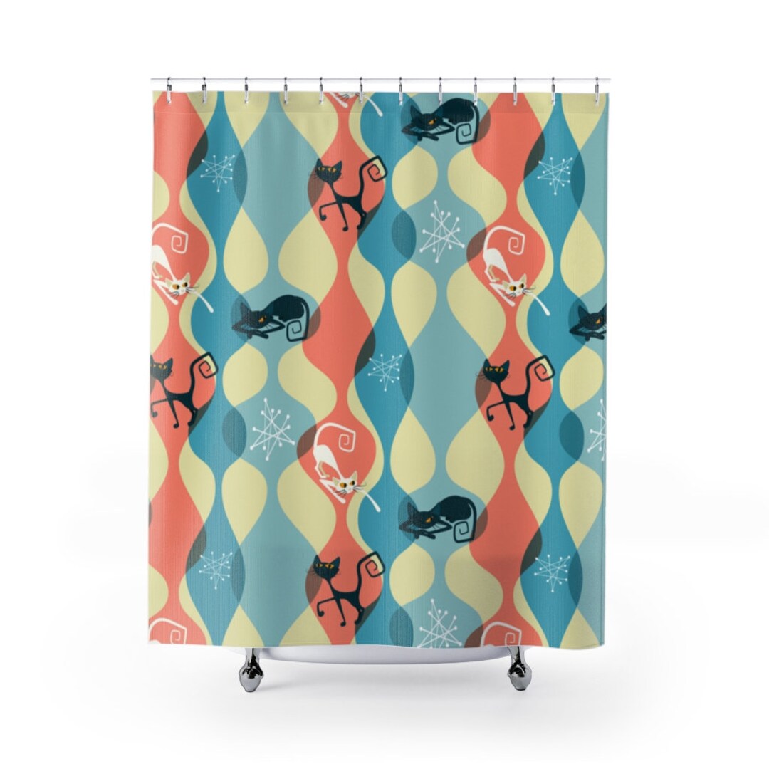 Atomic Cat, Pink, Cream, White, Abtstract Retro Mid Century Modern Curtains, 50's Black Cat Lovers Shower Curtains