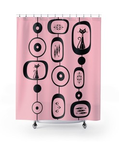 Atomic Cat Retro 50's Pink Geometric Atomic Black Cat Mid Century Modern Shower Curtain