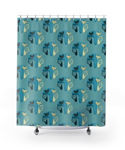 Atomic Cat Retro Black And White Kitty Blue Boomerang Mid Modern Weathered Blue Shower Curtain