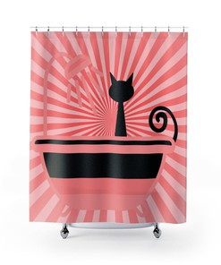 Atomic Cat Retro Cool Groovy Black Cat In Tub Mid Century Modern Shower Curtain