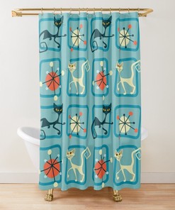 Atomic Cat Retro Kitty Blue Geometric Mod Century Modern MCM Home Decor Shower Curtain