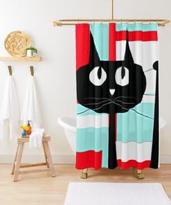 Atomic Cat Retro, Modern Mid Century Bathroom Decor Aqua Blue, Red, White, Geometric, Kitschy Meow Cute Black Cat Shower Curtain