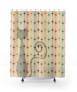 Atomic Cat Retro Starburst Teal, Yellow, Brown, Beige, Burnt Red, Mid Century Modern Shower Curtain