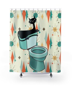 Atomic Mod Cat, Mid Century Modern Shower Curtain, Starburst, Beige, Orange, Mint Green Retro Bathroom