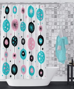 Atomic Pink Shower Curtain Mid Century Modern Optional Towels, Bath Mat