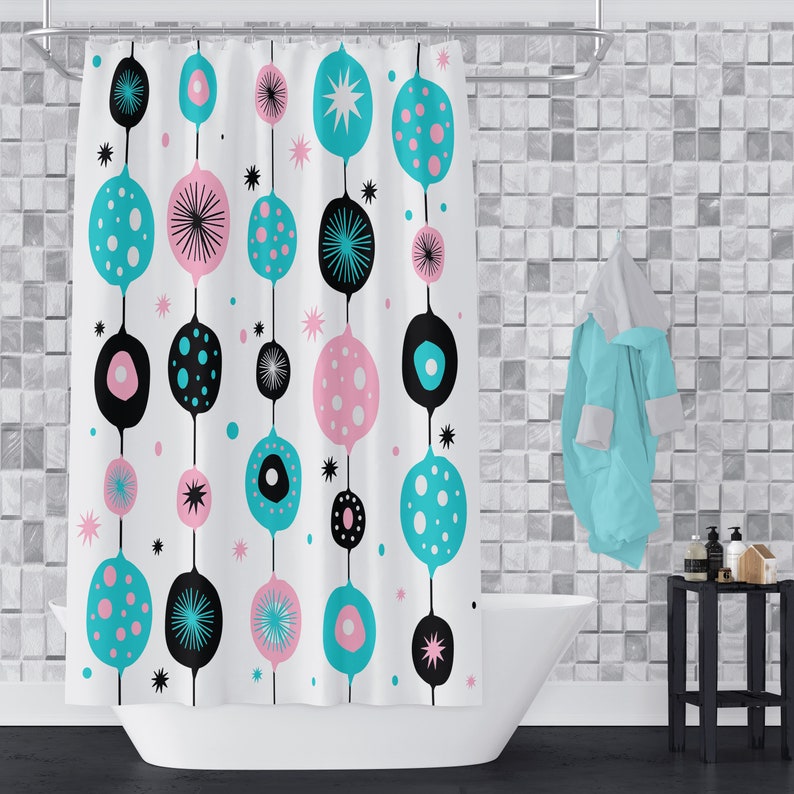 Atomic Pink Shower Curtain Mid Century Modern Optional Towels, Bath Mat