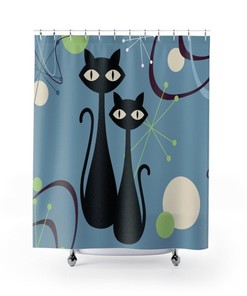 Atomic Retro Black Cat Mid Century Modern Indigo Blue Shower Curtain MCM Home Decor