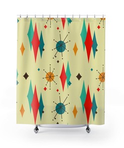 Atomic Starburst Diamond Mid Century Modern Shower Curtain for 50s or 60s Retro Atomic Age Bathroom Decor