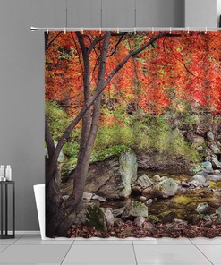 Autumn Fall Red Leaves Shower Curtain, Forest Trees Creek Water Landscape, Bathroom Home Decor, Bath Accessories
