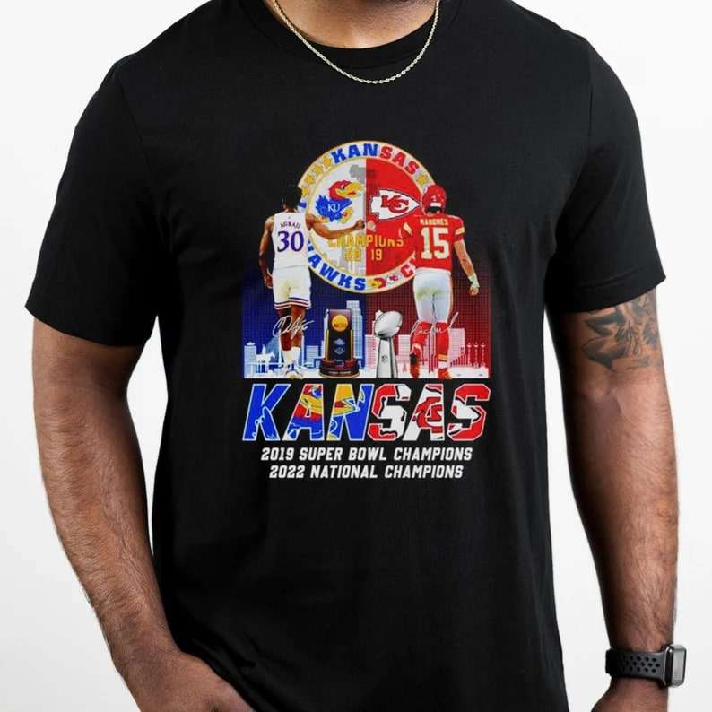 Awesome Kansas Jayhawks And Kansas City Chiefs Agbaji Mahomes Signatures Kansas City Of The Champions Shirt
