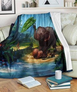 Baby And Mom Elephant Under Raining Sherpa Fleece Blanket Gifts for Family, for Couple