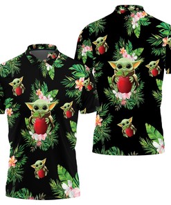 Baby Yoda Hugging Apples Seamless Tropical Green Leaves On Black Polo Shirt All Over Print Shirt 3d T-shirt