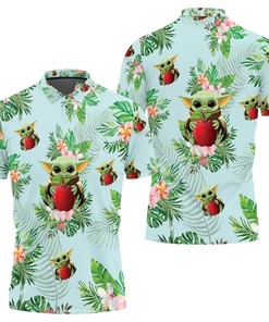 Baby Yoda Hugging Apples Seamless Tropical Green Leaves On Green Polo Shirt All Over Print Shirt 3d T-shirt