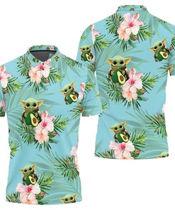 Baby Yoda Hugging Avocadoes Seamless Tropical Colorful Flowers On Teal Polo Shirt All Over Print Shirt 3d T-shirt