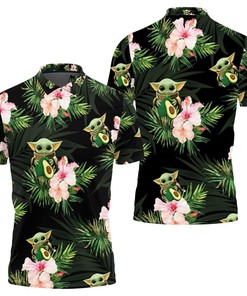 Baby Yoda Hugging Avocadoes Seamless Tropical Flowers And Green Leaves On Black Polo Shirt All Over Print Shirt 3d T-shirt