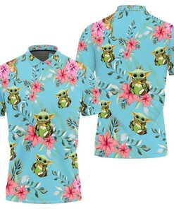 Baby Yoda Hugging Coconuts Seamless Tropical Colorful Flowers On Teal Polo Shirt All Over Print Shirt 3d T-shirt
