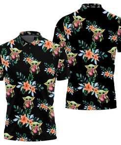 Baby Yoda Hugging Flamingos Seamless Tropical Colorful Flowers On Black Polo Shirt All Over Print Shirt 3d T-shirt