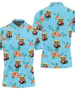 Baby Yoda Hugging Flamingos Seamless Tropical Colorful Flowers On Teal Polo Shirt All Over Print Shirt 3d T-shirt