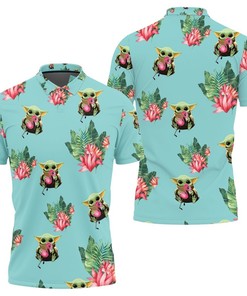 Baby Yoda Hugging Flamingos Seamless Tropical Leaves Lotuses On Teal Polo Shirt All Over Print Shirt 3d T-shirt