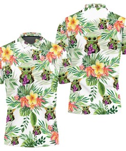 Baby Yoda Hugging Grapes Seamless Tropical Green Leaves On White Polo Shirt All Over Print Shirt 3d T-shirt