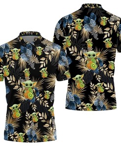 Baby Yoda Hugging Kiwis Blue Seamless Tropical Colorful Flowers On Black Polo Shirt All Over Print Shirt 3d T-shirt