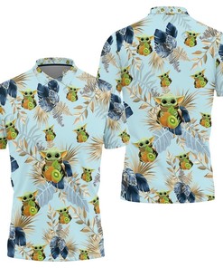 Baby Yoda Hugging Kiwis Blue Seamless Tropical Colorful Flowers On Teal Polo Shirt All Over Print Shirt 3d T-shirt
