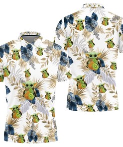 Baby Yoda Hugging Kiwis Seamless Tropical Blue And Green Leaves On White Polo Shirt All Over Print Shirt 3d T-shirt