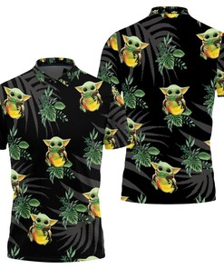 Baby Yoda Hugging Kiwis Seamless Tropical Green Leaves On Black Polo Shirt All Over Print Shirt 3d T-shirt
