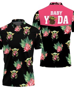 Baby Yoda Hugging Kiwis Seamless Tropical Leaves Lotuses On Black Polo Shirt All Over Print Shirt 3d T-shirt
