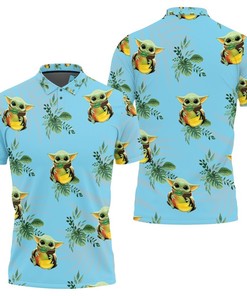 Baby Yoda Hugging Peaches Seamless Tropical Green Leaves On Teal Polo Shirt All Over Print Shirt 3d T-shirt