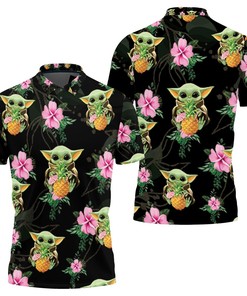Baby Yoda Hugging Pineapples Seamless Tropical Colorful Flowers On Black Polo Shirt All Over Print Shirt 3d T-shirt