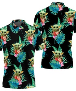 Baby Yoda Hugging Strawberries Seamless Tropical Green Leaves On Black Polo Shirt All Over Print Shirt 3d T-shirt