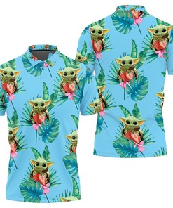 Baby Yoda Hugging Strawberries Seamless Tropical Green Leaves On Teal Polo Shirt All Over Print Shirt 3d T-shirt