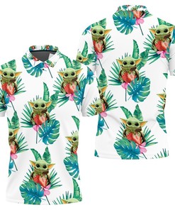 Baby Yoda Hugging Strawberries Seamless Tropical Green Leaves On White Polo Shirt All Over Print Shirt 3d T-shirt
