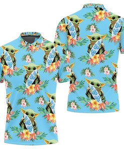 Baby Yoda Hugging Surf Boards Seamless Tropical Green Leaves On Teal Polo Shirt All Over Print Shirt 3d T-shirt