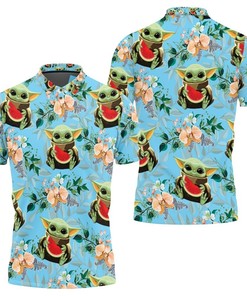 Baby Yoda Hugging Watermelons Seamless Tropical Colorful Flowers On Teal Polo Shirt All Over Print Shirt 3d T-shirt