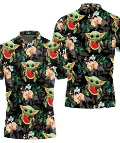 Baby Yoda Hugging Watermelons Seamless Tropical Green Leaves On Black Polo Shirt All Over Print Shirt 3d T-shirt