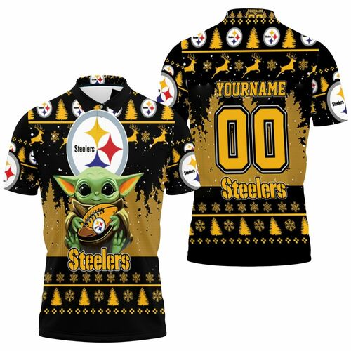 Baby Yoda Hugs Pittsburgh Steelers Ugly Sweater Personalized 3D All Over Print Polo Shirt