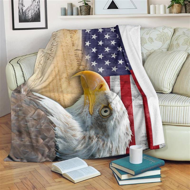 Bald Eagle American Flag Sherpa Fleece Blanket Gifts for Family, for Couple