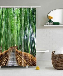 Bamboo Forest Shower Curtain, Outdoor Bridge Landscape Trees, Fabric Bathroom Curtain, House Warming Gift