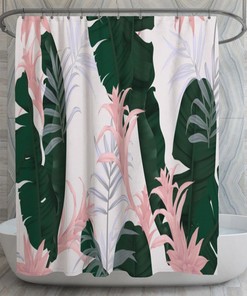 Banana Leaves Shower Curtains, Vintage Tropical Leaves Shower Curtain, Forest Green and Pink Decor, Trendy Bathroom, Tropical Bath Decor
