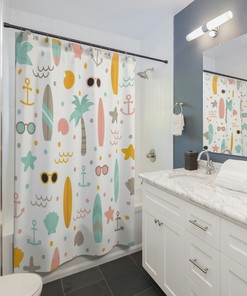 Beach Pattern Shower Curtain, Beach Shower Curtains, Tropical Bath Curtain, Beach House Bathroom Decor, Nautical Bathroom, Kids Bathroom
