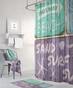 Beach Sign Shower Curtain Rustic Coastal Decor, Bath Mat, Bath Towels