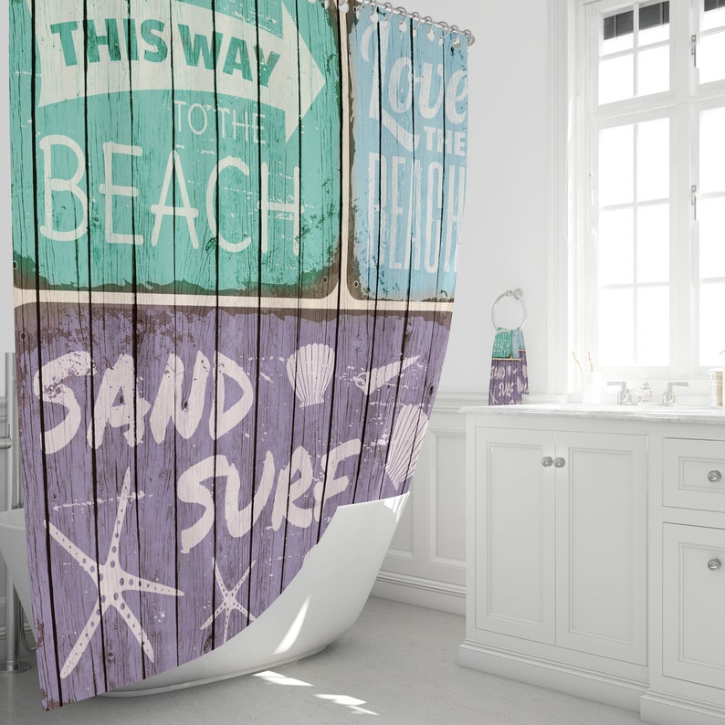 Beach Sign Shower Curtain Rustic Coastal Decor, Bath Mat, Bath Towels - Image 2