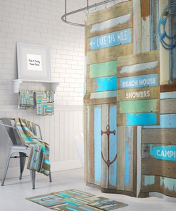 Beach Theme Shower Curtain Rustic Sign Faux Wood, Optional Bath Mat, Bath Towels