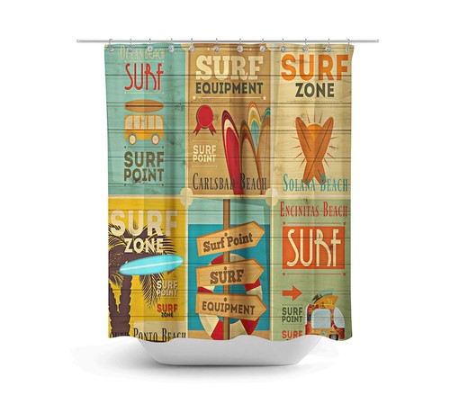 Beach Theme Shower Curtain Surfer Advertising Optional Bath Towels Mat Bathroom Set, Vintage Retro Design