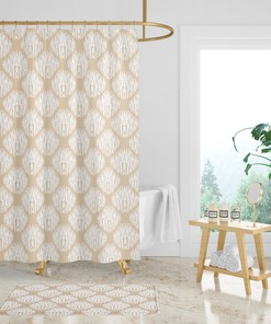 Beige Ikat Print Shower Curtain, Beige White Bath Curtain, Modern Bathroom Decor